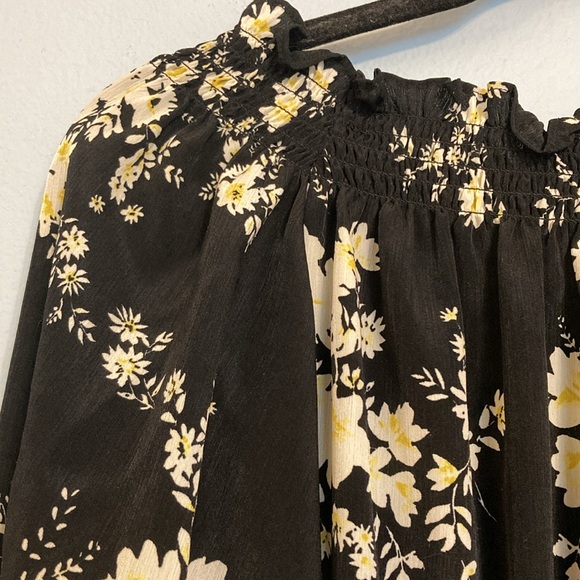 Wayf Womens Size S Black Yellow Floral Off Shoulder Smocked Bodysuit Long Sleeve - Picture 4 of 15